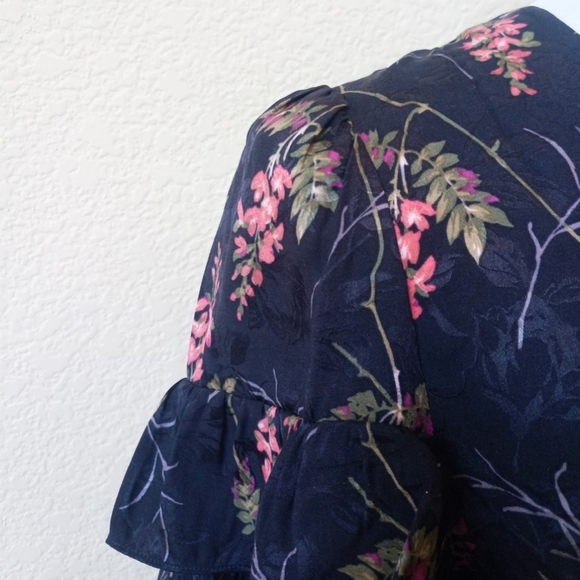 Rebecca Taylor navy blue floral silk blend ruffle sleeve blouse - Picture 13 of 15